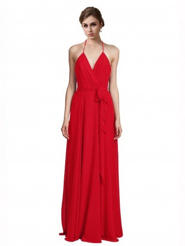 Affordable V-Neck Spaghetti Halter Strap Chiffon Bridesmaid Dress UK