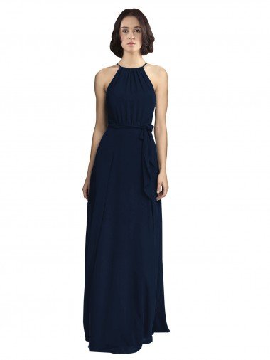 Affordable High Neckline Floor Length Chiffon Bridesmaid Dress with Belt UK