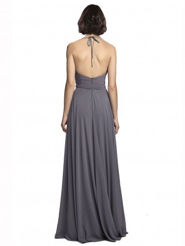 Affordable Spaghetti Strap Long Chiffon Bridesmaids Dress with Halter Cowl Neck UK