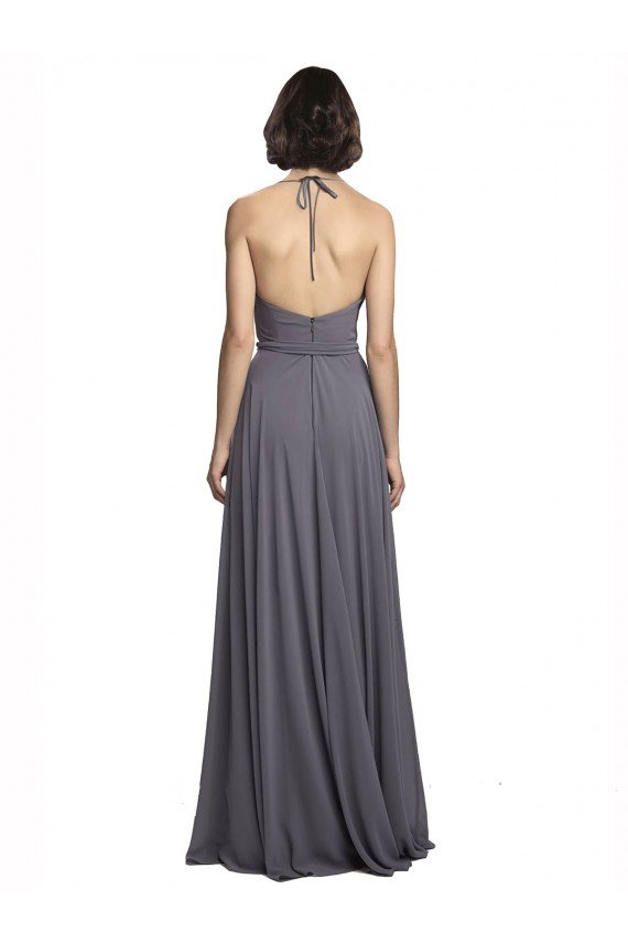 Affordable Spaghetti Strap Long Chiffon Bridesmaids Dress with Halter Cowl Neck UK