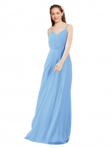 Affordable Pleated Low Back Long V-Neck Chiffon Bridesmaid Dress with Thin Straps UK