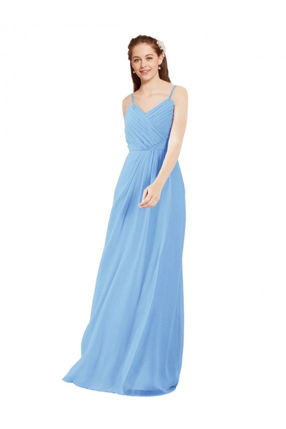 Affordable Pleated Low Back Long V-Neck Chiffon Bridesmaid Dress with Thin Straps UK