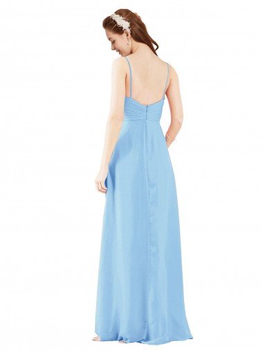 Affordable Pleated Low Back Long V-Neck Chiffon Bridesmaid Dress with Thin Straps UK