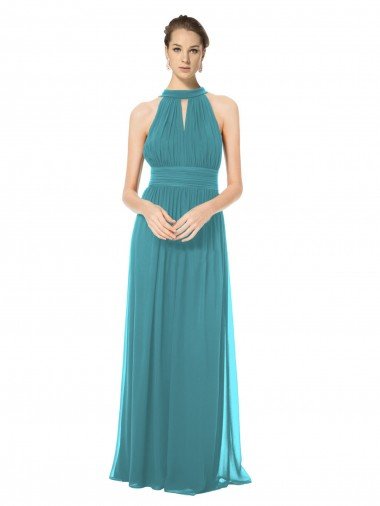 Affordable Ruched Long Chiffon Halter Bridesmaid Dress with Tie Back and Tails UK