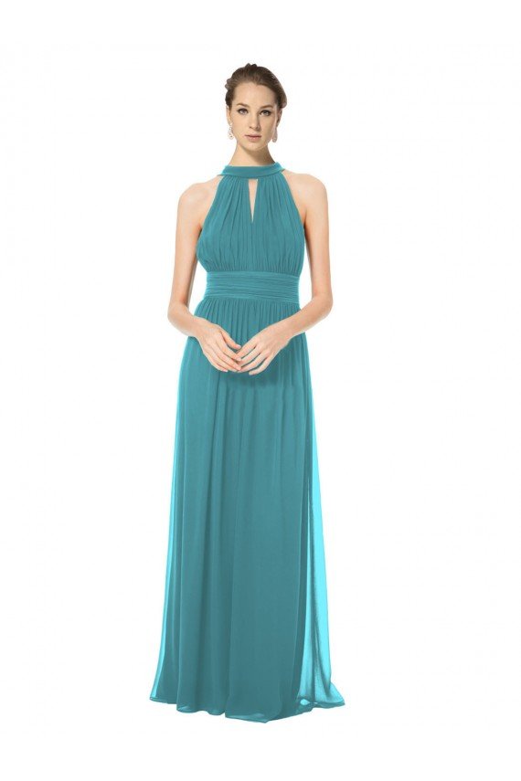 Affordable Ruched Long Chiffon Halter Bridesmaid Dress with Tie Back and Tails UK