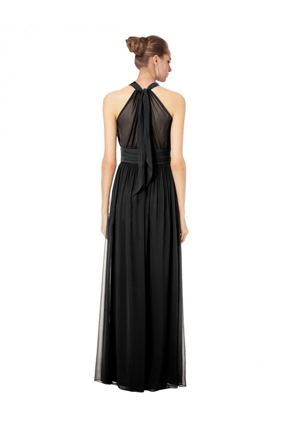 Affordable Ruched Long Chiffon Halter Bridesmaid Dress with Tie Back and Tails UK