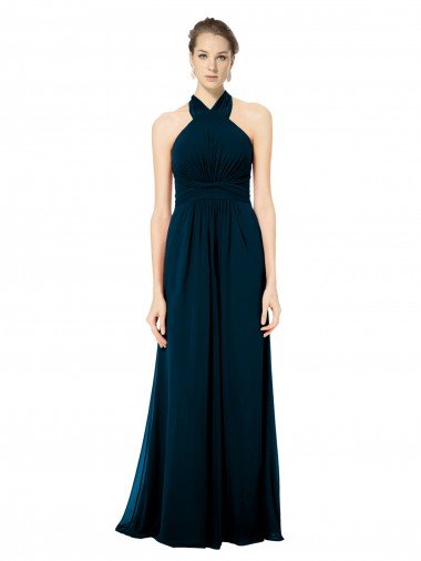 Affordable Keyhole Back Long Chiffon Halter Dress with Halter Straps Cross Neck UK