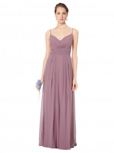 Affordable V-Neck Spaghetti Strap Open Back Long Chiffon Bridesmaid Dress UK