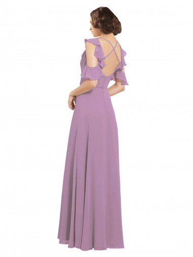 Affordable Long Chiffon Bridesmaids Dress with Flounced Sleeve Detail and Criss Cross Back UK
