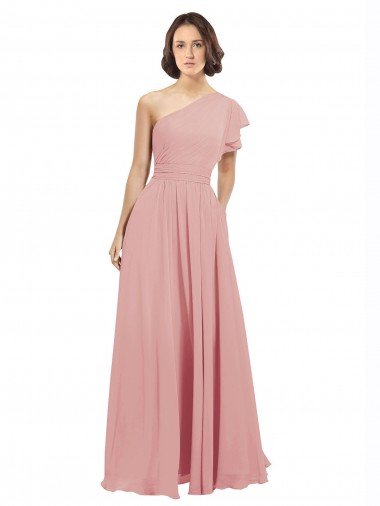 Affordable Chiffon Bridesmaids Dress with One Shoulder Flounced Sleeve UK