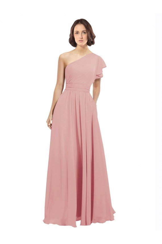 Affordable Chiffon Bridesmaids Dress with One Shoulder Flounced Sleeve UK