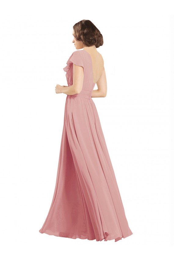 Affordable Chiffon Bridesmaids Dress with One Shoulder Flounced Sleeve UK