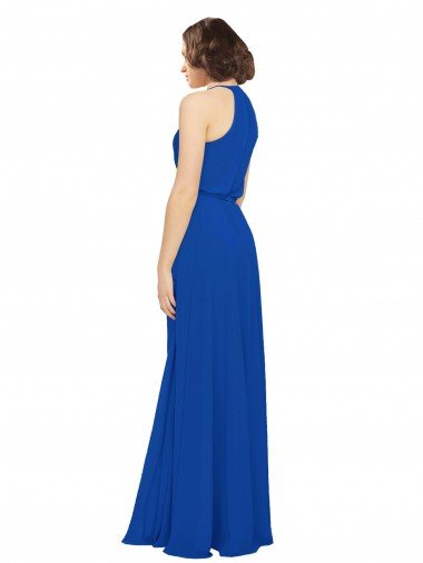 Affordable Long Jewel Neckline Chiffon Bridesmaids Dress wit Chiffon Tie Sash UK