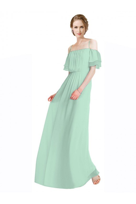 Affordable Spaghetti Straps Long Chiffon Off-The-Shoulder Bridesmaid Dress with Double Flounce Sleeves UK