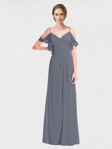 Affordable Long Chiffon Spaghetti Strap V-Neck Bridesmaid Dress with Off-The-Shoulder Flutter Sleeves UK