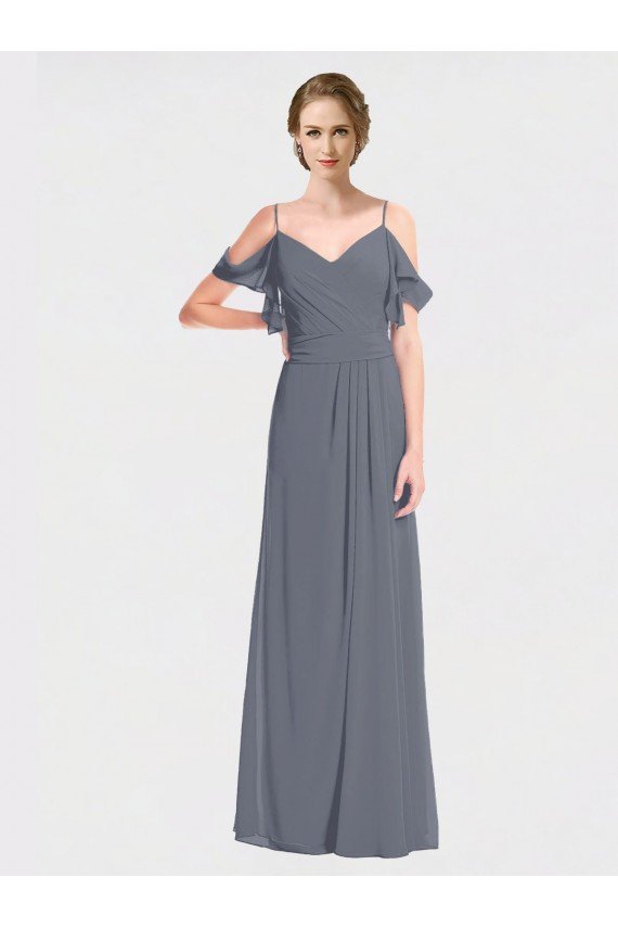Affordable Long Chiffon Spaghetti Strap V-Neck Bridesmaid Dress with Off-The-Shoulder Flutter Sleeves UK