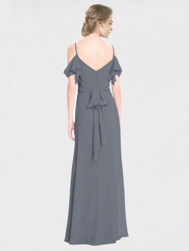 Affordable Long Chiffon Spaghetti Strap V-Neck Bridesmaid Dress with Off-The-Shoulder Flutter Sleeves UK