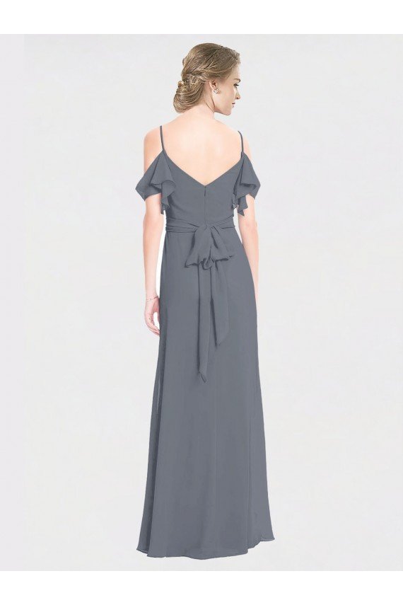 Affordable Long Chiffon Spaghetti Strap V-Neck Bridesmaid Dress with Off-The-Shoulder Flutter Sleeves UK