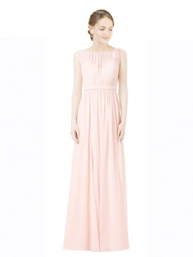 Affordable Long Chiffon Sleeveless Bridesmaid Dress with Sheer Illusion Top and V-Back UK