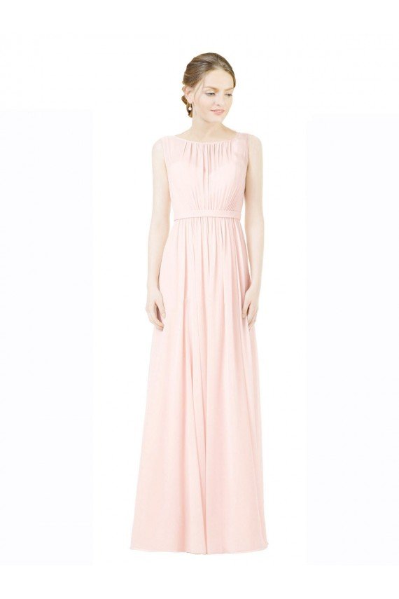 Affordable Long Chiffon Sleeveless Bridesmaid Dress with Sheer Illusion Top and V-Back UK