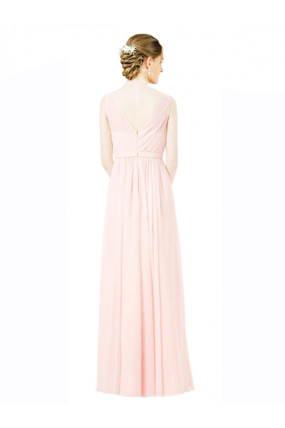 Affordable Long Chiffon Sleeveless Bridesmaid Dress with Sheer Illusion Top and V-Back UK