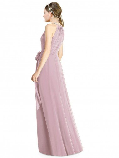 Affordable Shirred Halter Neck Long Chiffon Bridesmaid Dress UK