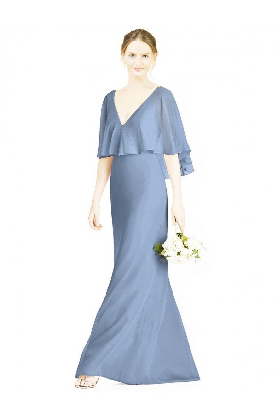 Affordable V-Back Trumpet Chiffon Bridesmaid Dress with Draped Cape Overlay UK