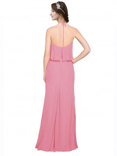 Affordable Ruffle Halter Neck A-Line Chiffon Bridesmaid Dress with Open Back UK