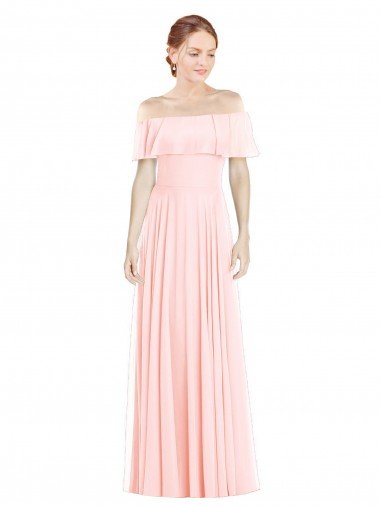 Affordable Off the Shoulder Long Bridesmaid Dress With Ruffle Overlay UK