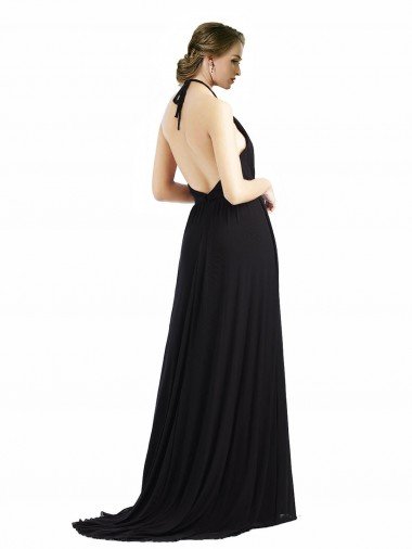 Affordable Backless Halter Chiffon Bridesmaid Dress with Front Slit and Tie Open Back UK