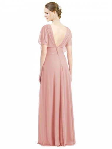 Affordable Draped Short Sleeves Long Chiffon A-Line Bridesmaid Dress UK