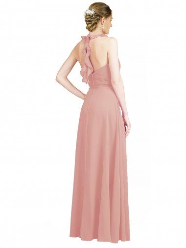Affordable Ruched Sweetheart Halter Neckline Chiffon Bridesmaid Dress with Tie Open Back UK