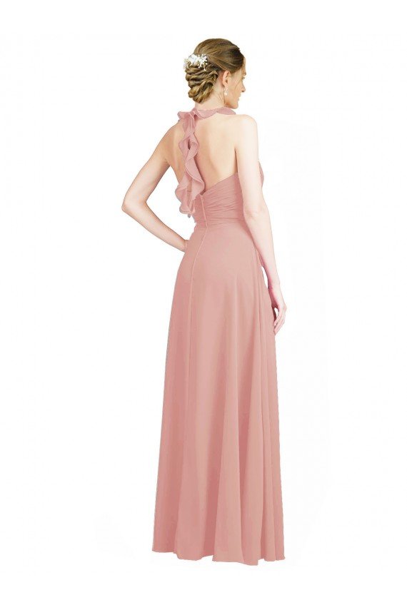 Affordable Ruched Sweetheart Halter Neckline Chiffon Bridesmaid Dress with Tie Open Back UK