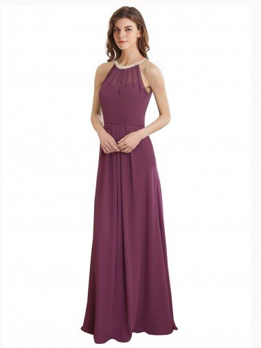Affordable High Neckline Long Chiffon Bridesmaid Dress with Beaded Trim UK