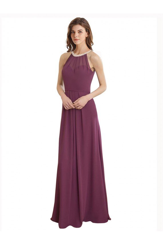 Affordable High Neckline Long Chiffon Bridesmaid Dress with Beaded Trim UK