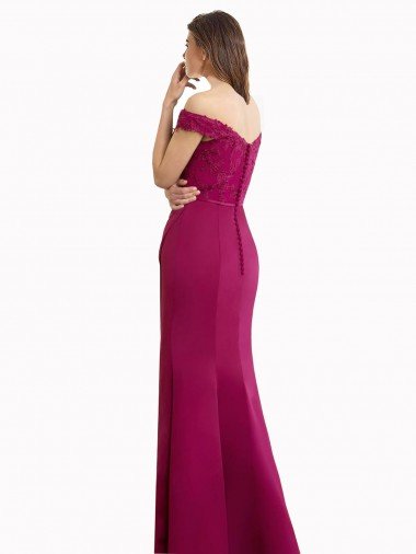 Affordable Off the Shoulder Chiffon Bridesmaid Dress with Lace Appliques and Front Slit UK