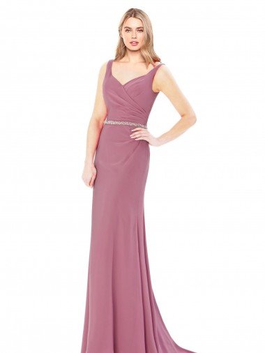 Affordable Long Slim Chiffon Bridesmaid Dress / Prom Dress with Beaded Waist UK