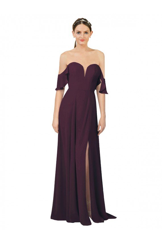 Affordable Romantic Off-Shoulder Chiffon Bridesmaid Dress with Plunging V-Neck UK