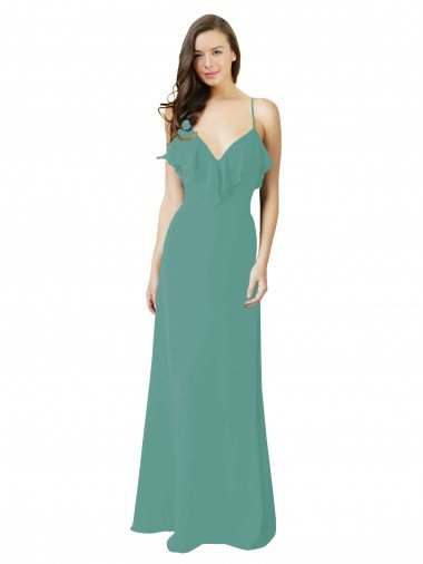 Affordable Full Length Chiffon Bridesmaid Dress with Ruffled V-Neckline UK