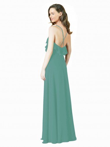 Affordable Full Length Chiffon Bridesmaid Dress with Ruffled V-Neckline UK