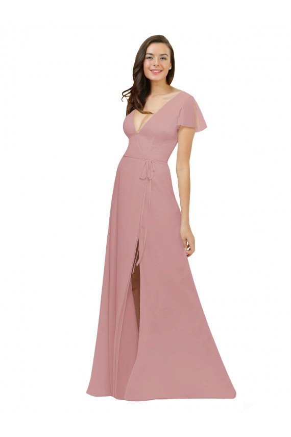 Affordable Flutter Sleeves Short Chiffon Bridesmaid Dress with Tie Belt UK