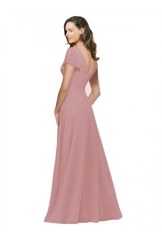 Affordable Flutter Sleeves Short Chiffon Bridesmaid Dress with Tie Belt UK
