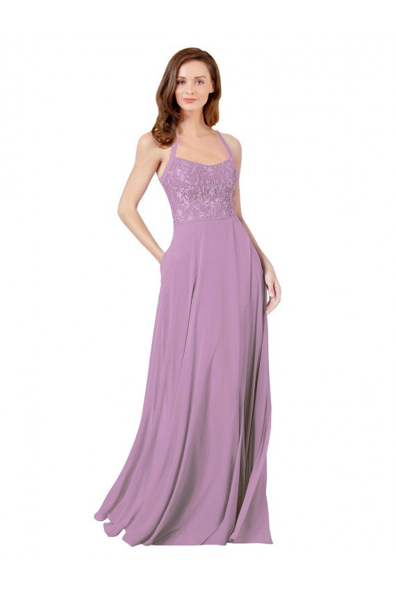 Affordable Floral Detailed Chiffon Bridesmaid Dress with Keyhole Back UK