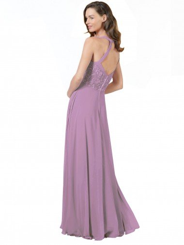 Affordable Floral Detailed Chiffon Bridesmaid Dress with Keyhole Back UK