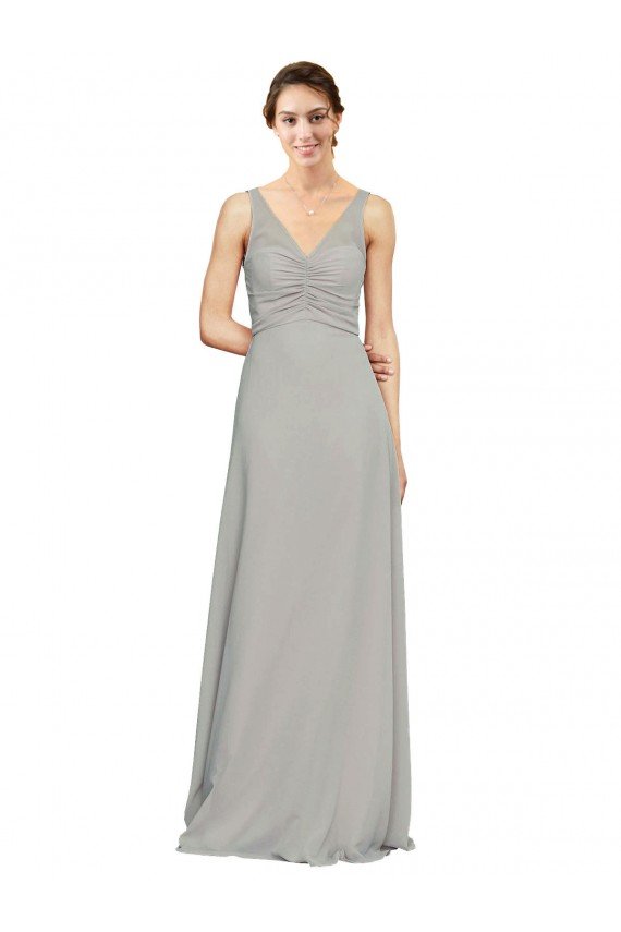 Affordable V-Neck Chiffon Bridesmaid Dress with Illusion Gathered Bodice UK