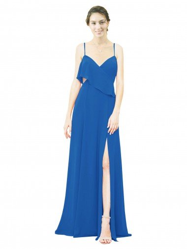 Affordable Spaghetti Strap Chiffon Bridesmaids Dress with Asymmetrical Ruffle and Front Slit UK