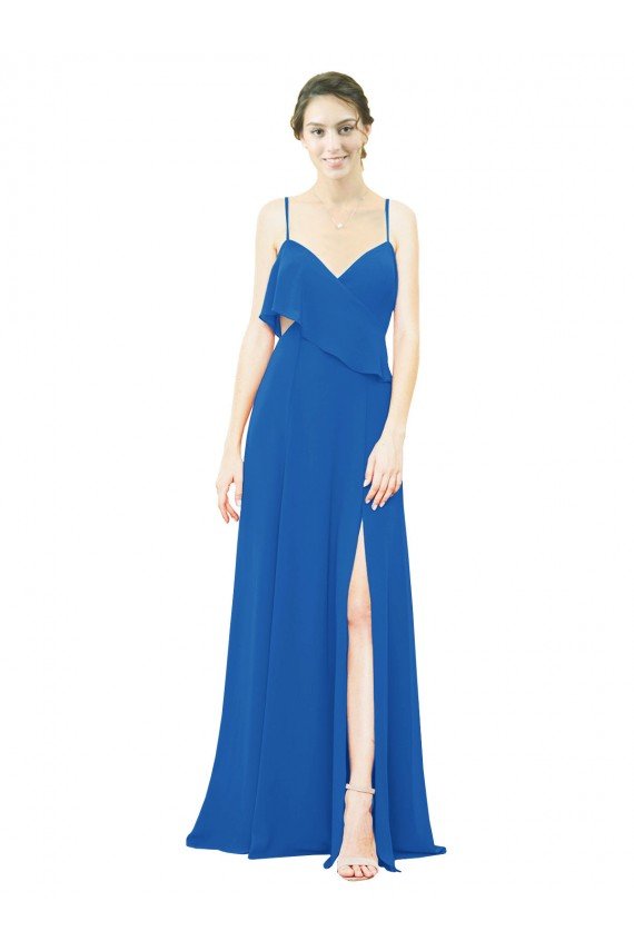 Affordable Spaghetti Strap Chiffon Bridesmaids Dress with Asymmetrical Ruffle and Front Slit UK