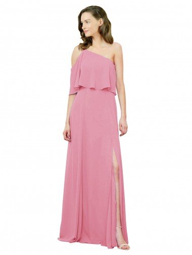 Affordable Sleeved One Shoulder Chiffon Bridesmaids Dress with Draped Ruffle Overlay UK