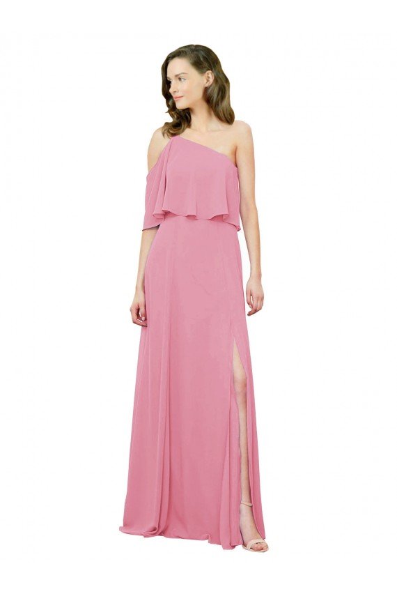 Affordable Sleeved One Shoulder Chiffon Bridesmaids Dress with Draped Ruffle Overlay UK