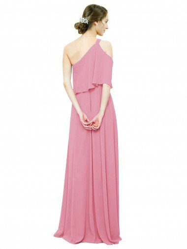 Affordable Sleeved One Shoulder Chiffon Bridesmaids Dress with Draped Ruffle Overlay UK